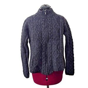 Inis Crafts Merino Wool Fisherman Sweater L Grey Cable Knit Full Zip Ireland